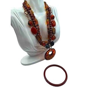 Vintage Multi-Layer Brown Beaded Necklace & Bangle Set  Boho Chic Amber N62